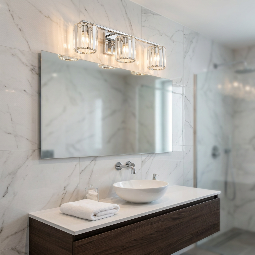 Quoizel Divine 3-light chrome wall light with crystal shades mounted above a bathroom mirror on a marble wall.