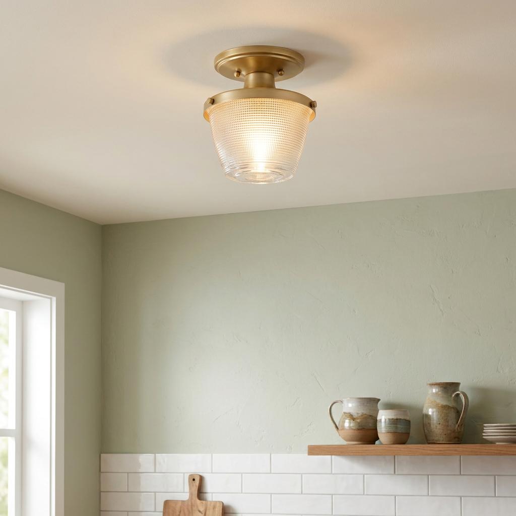 Quoizel Dublin semi-flush ceiling light with textured glass and brass mount in a sage green kitchen.