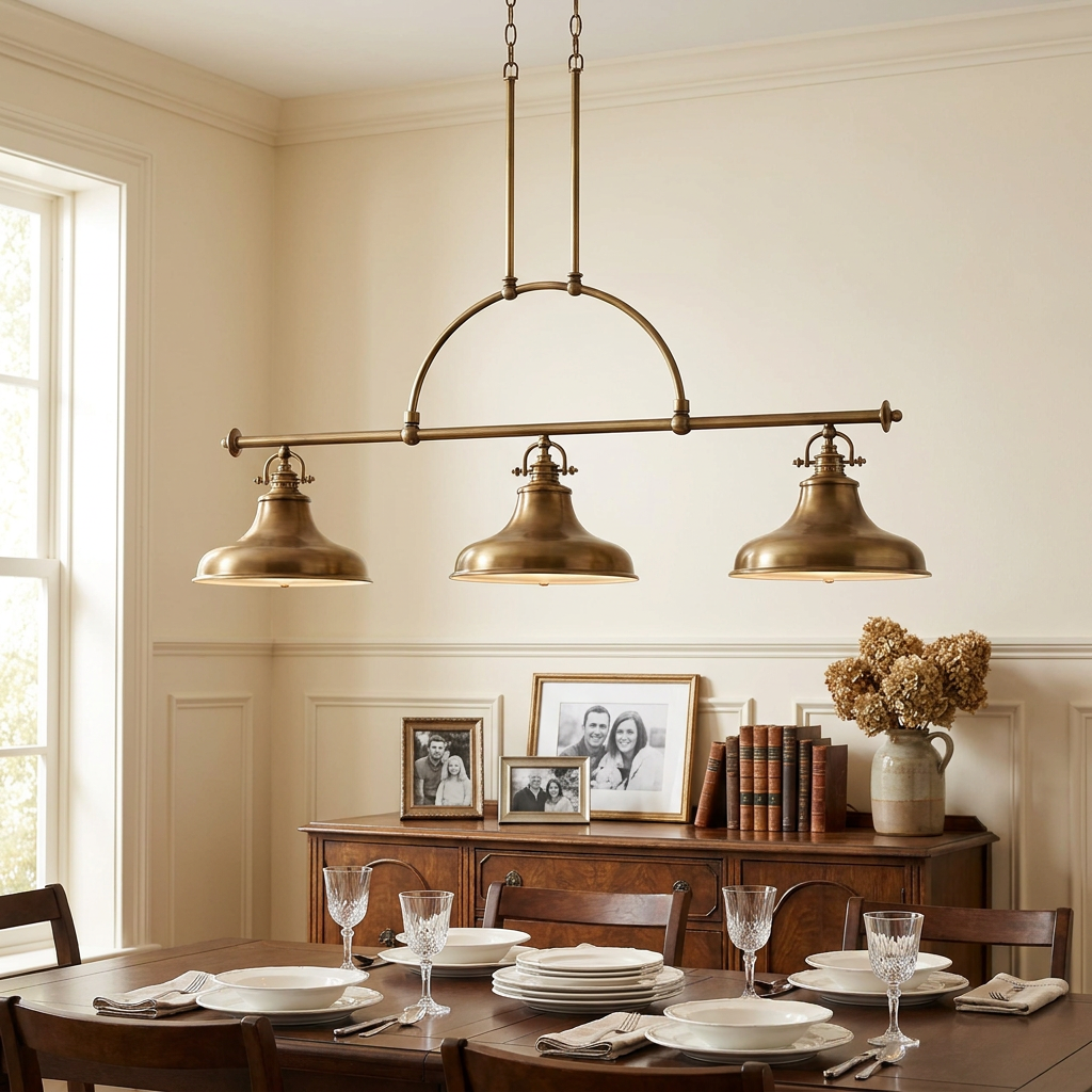 Quoizel Emery 3-light island chandelier in weathered brass hanging over a formal dining table with place settings.