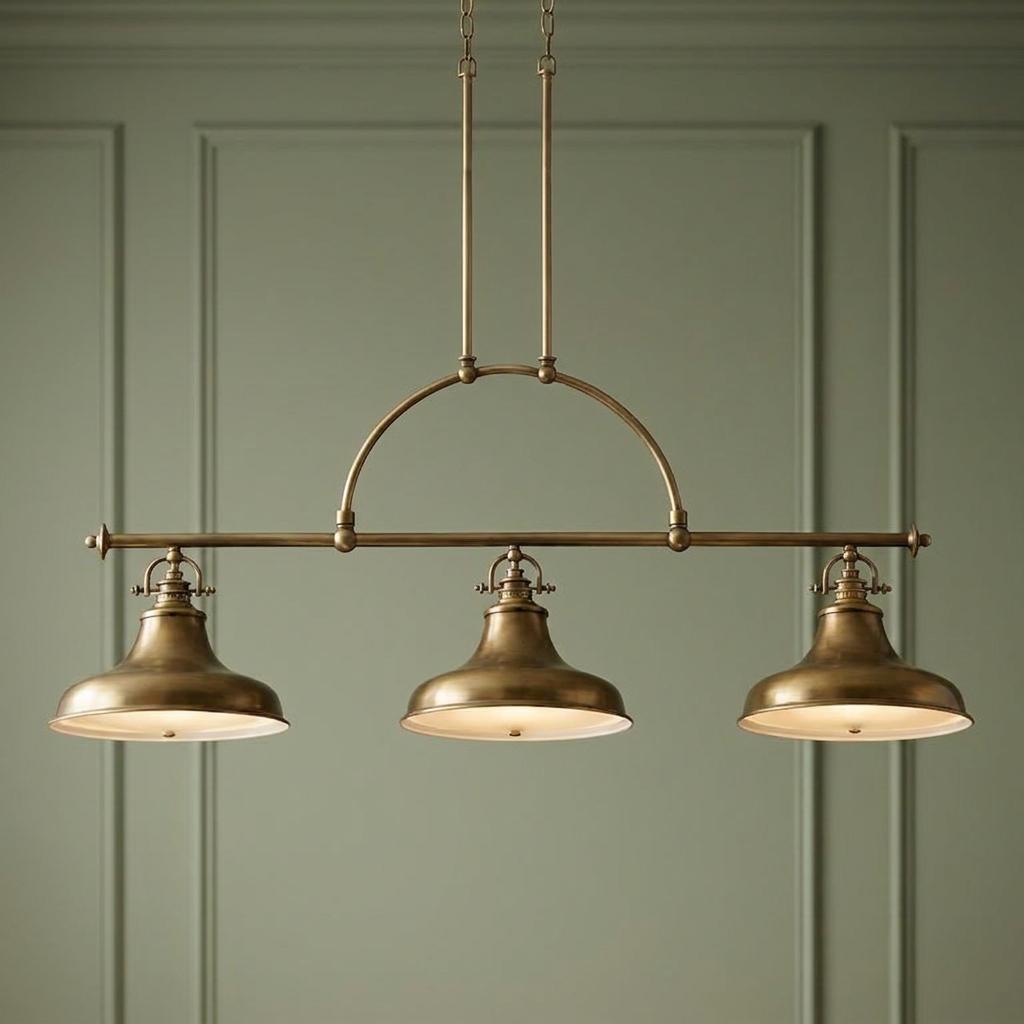 Weathered brass three-light island chandelier with industrial dome shades hanging against a green paneled wall.