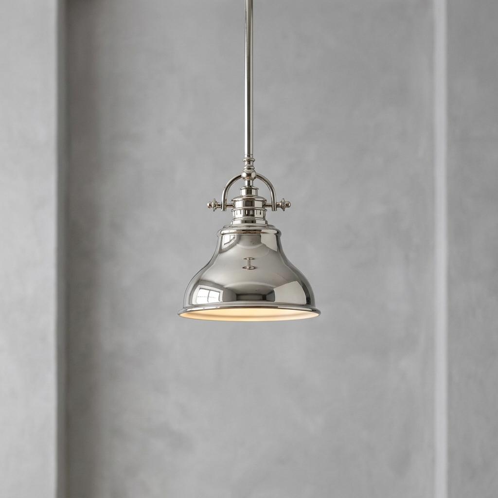 Polished silver mini pendant ceiling light with an industrial-style bell shade against a grey textured wall.