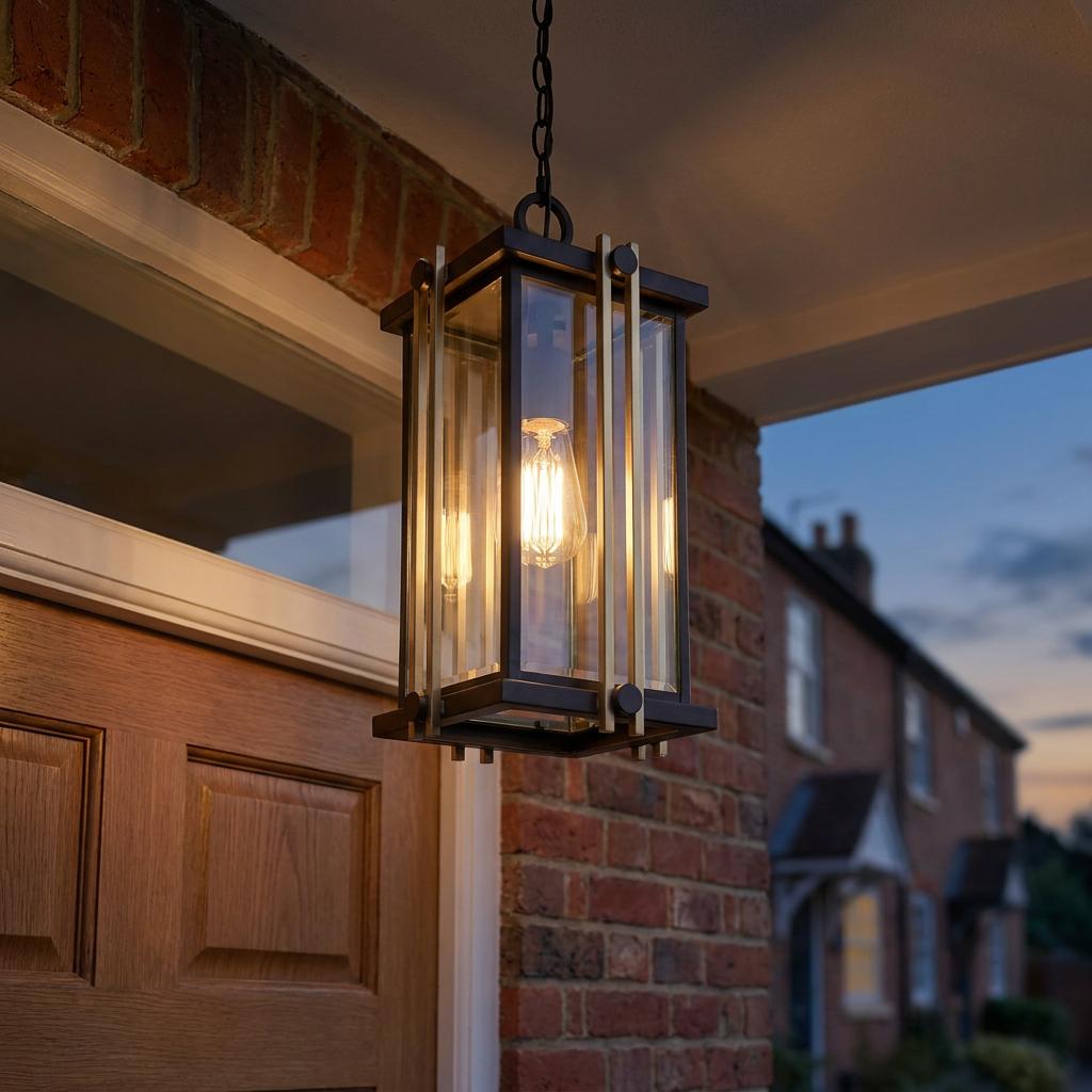 Quoizel Goldenrod bronze and gold outdoor pendant lantern hanging from a porch ceiling against a brick wall at dusk.