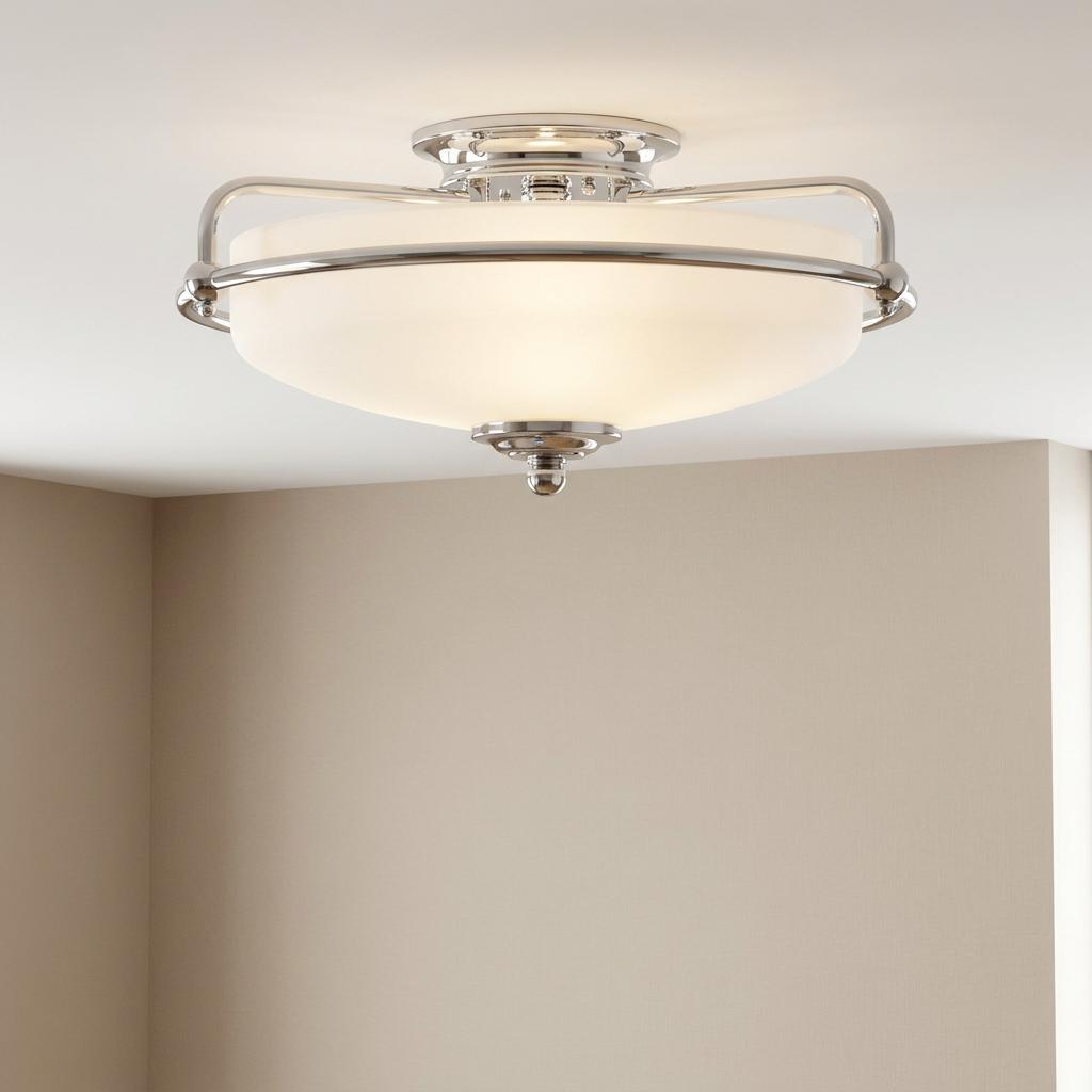 Polished chrome 3-light ceiling fixture with a frosted glass bowl shade mounted on a white ceiling.