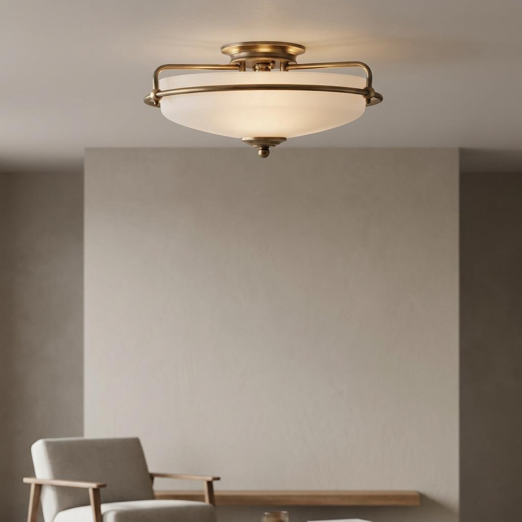 Weathered brass flush mount ceiling light with a frosted glass bowl shade in a minimalist room.