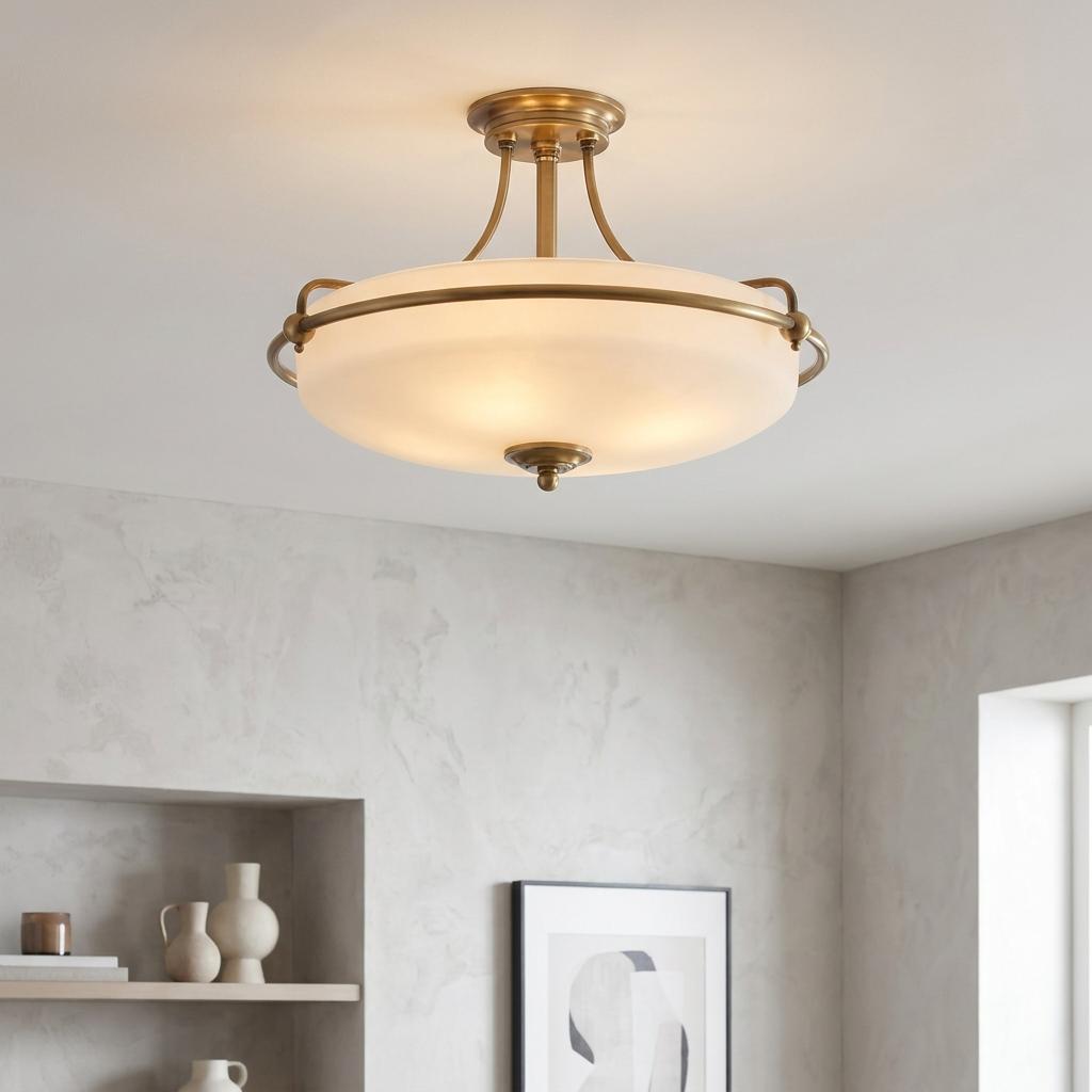 Antique brass semi-flush ceiling light with a white glass shade mounted in a neutral living room.
