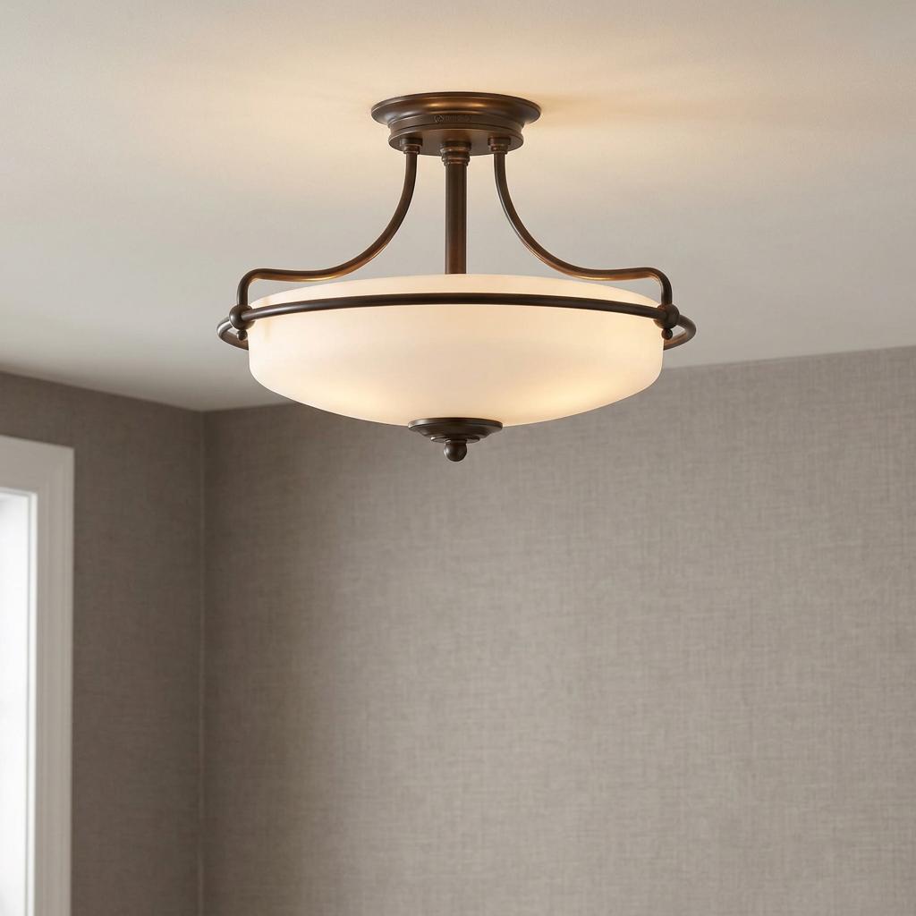 Bronze semi-flush mount ceiling light with an opal etched glass bowl shade in a contemporary room.