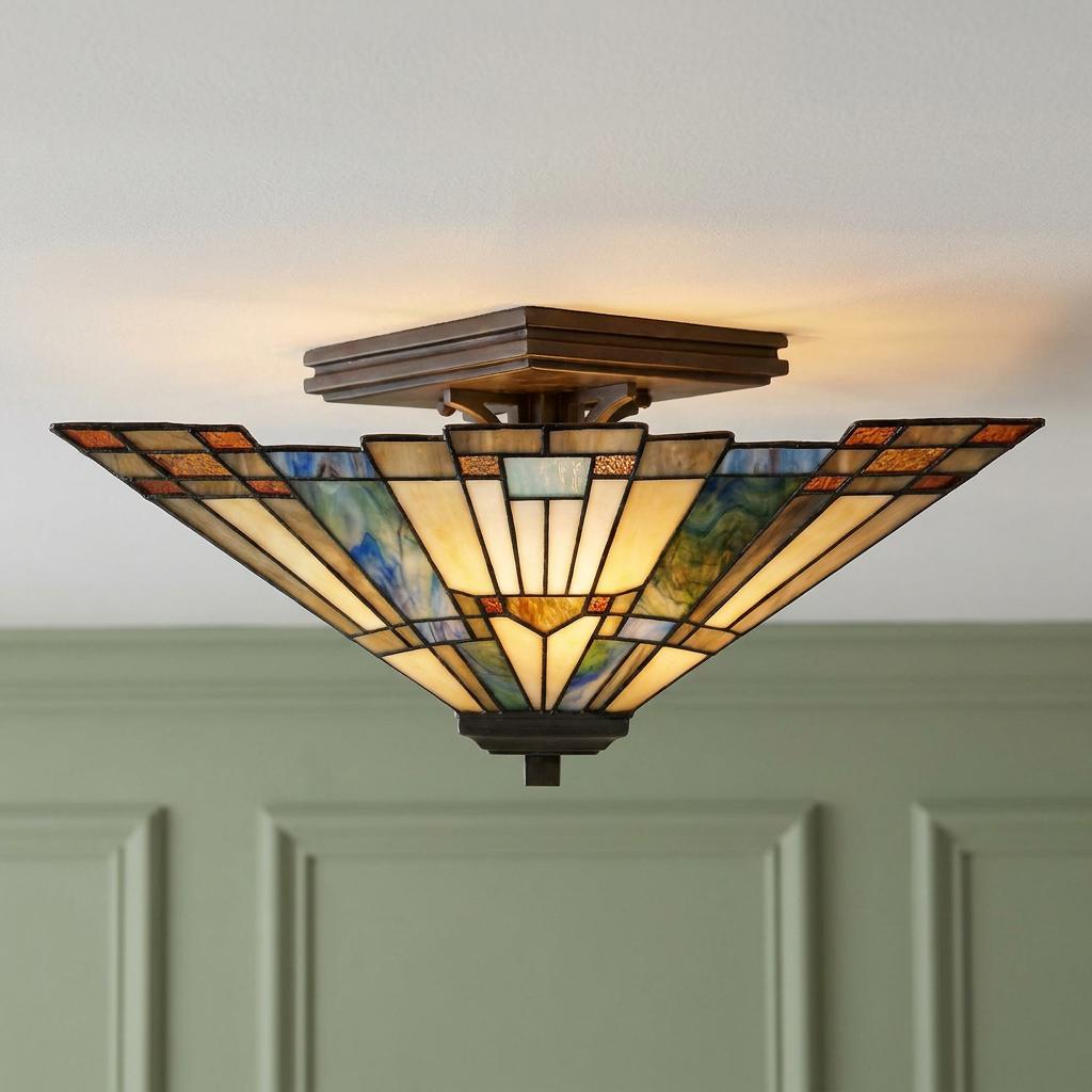 Arts and Crafts style semi-flush ceiling light with geometric stained glass in amber and blue tones.