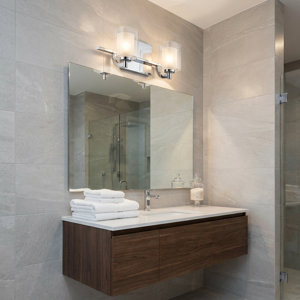 Quoizel Kolt 2-light chrome wall light with glass shades mounted over a bathroom mirror on a grey tiled wall.