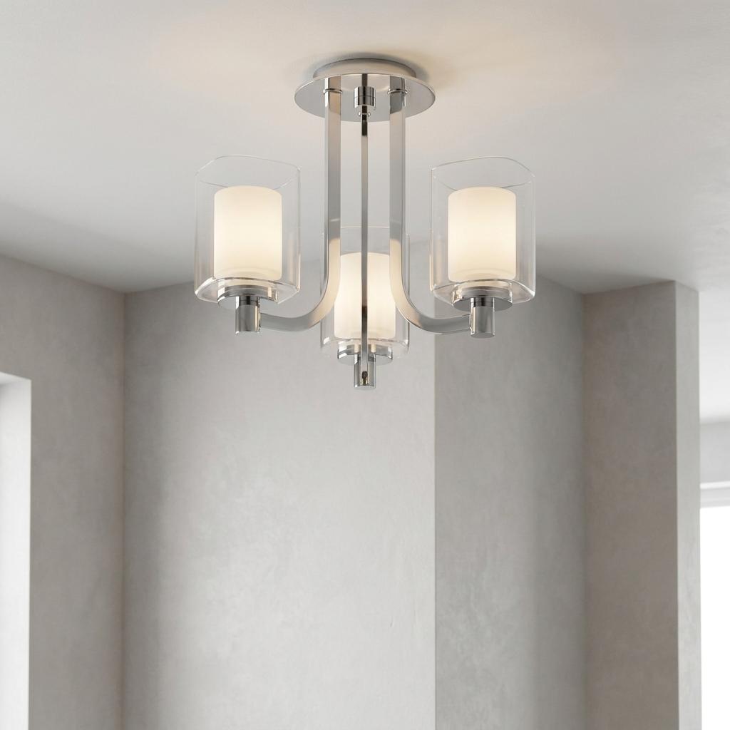 Quoizel Kolt 3-light semi-flush mount ceiling fixture with polished chrome finish and dual glass shades.