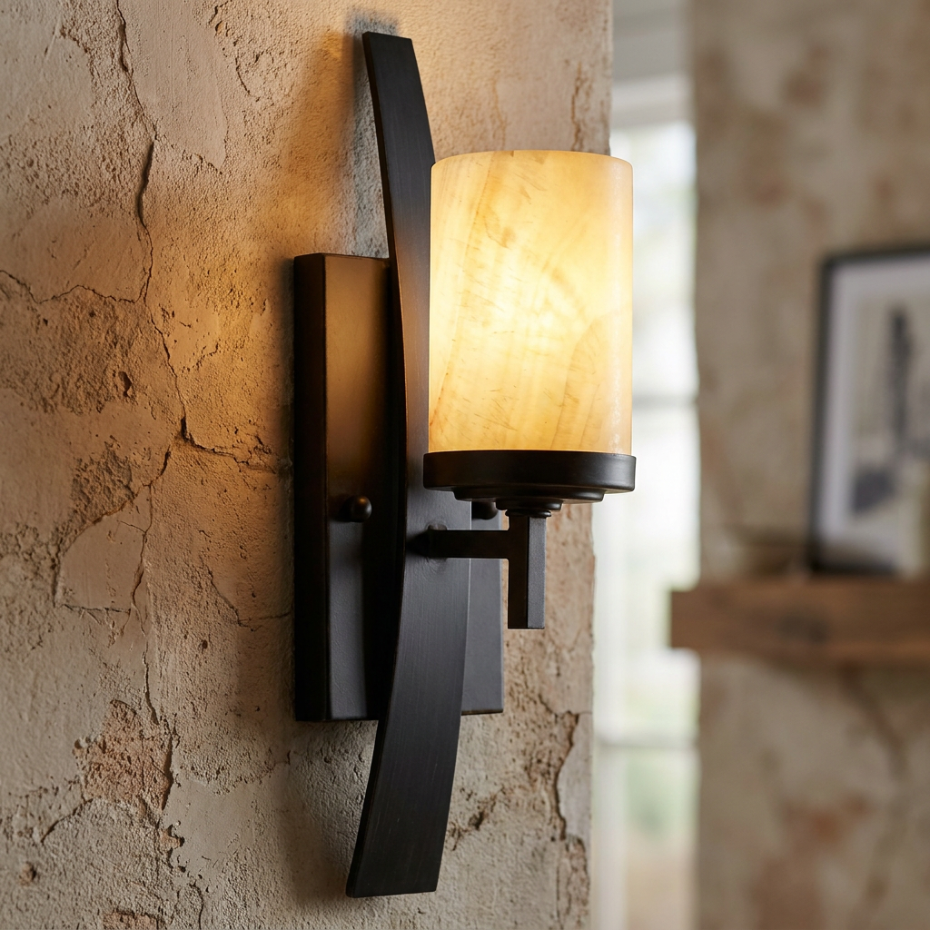 Quoizel Kyle 1 Light Imperial Bronze Wall Light with a glowing butterscotch onyx shade against a textured wall.