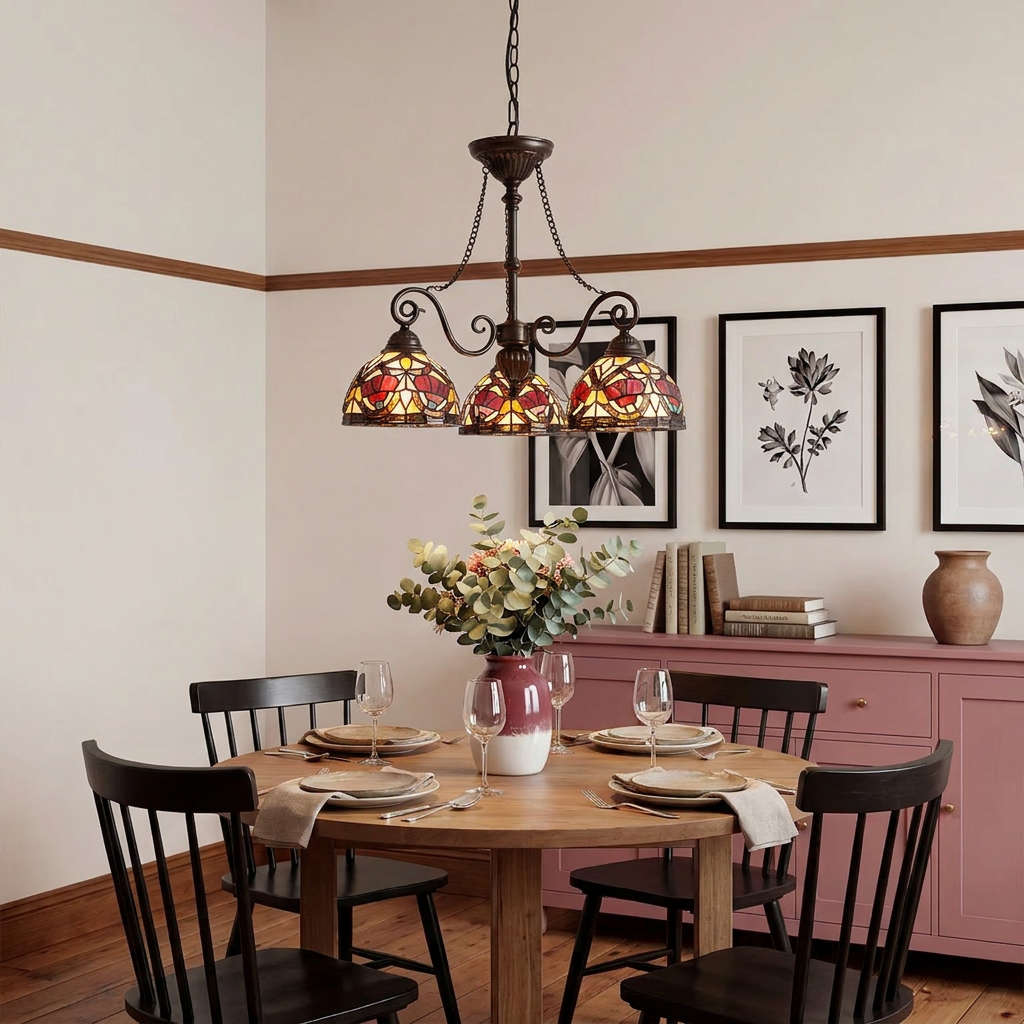 Quoizel Larissa 3-light Tiffany chandelier with floral stained glass shades over a wooden dining room table.