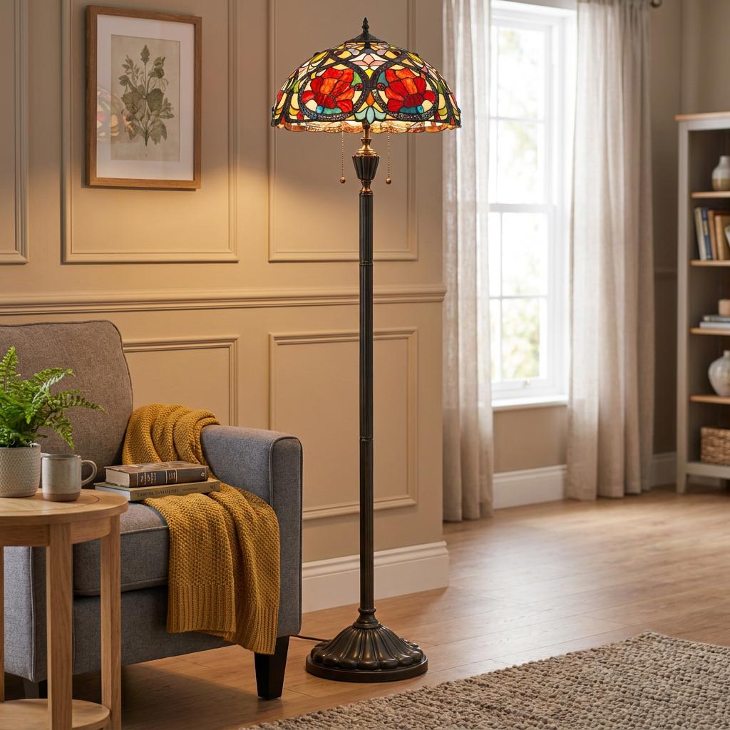 Quoizel Larissa Tiffany Floor Lamp with a floral stained-glass shade next to a grey armchair in a cozy living room.