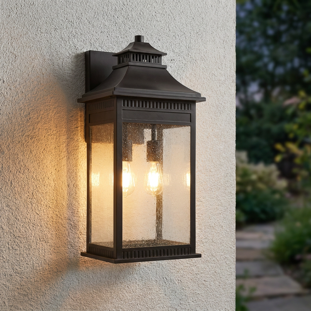 A bronze outdoor wall lantern with seeded glass and glowing bulbs mounted on a textured white stucco wall.