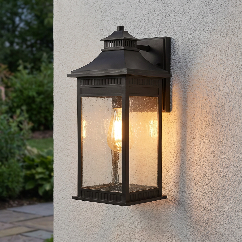 Quoizel Livingston bronze outdoor wall lantern with seeded glass mounted on a light-colored stucco wall.