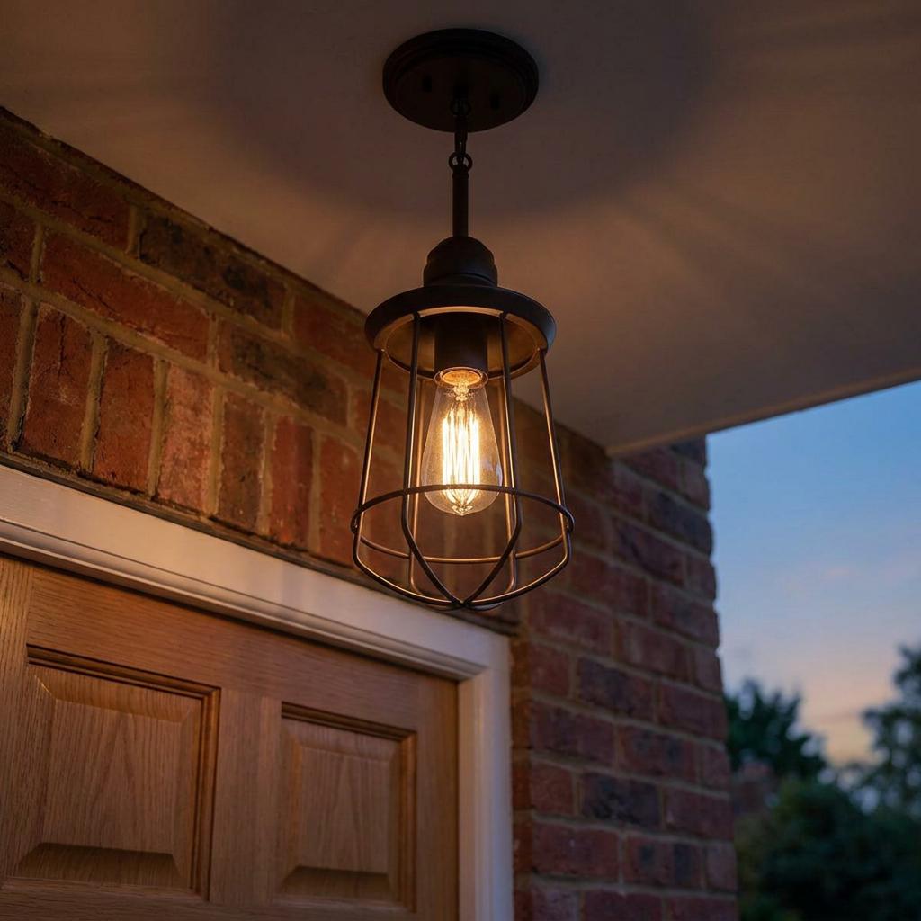 Bronze mini outdoor pendant light with a vintage-style bulb mounted on a brick porch ceiling.