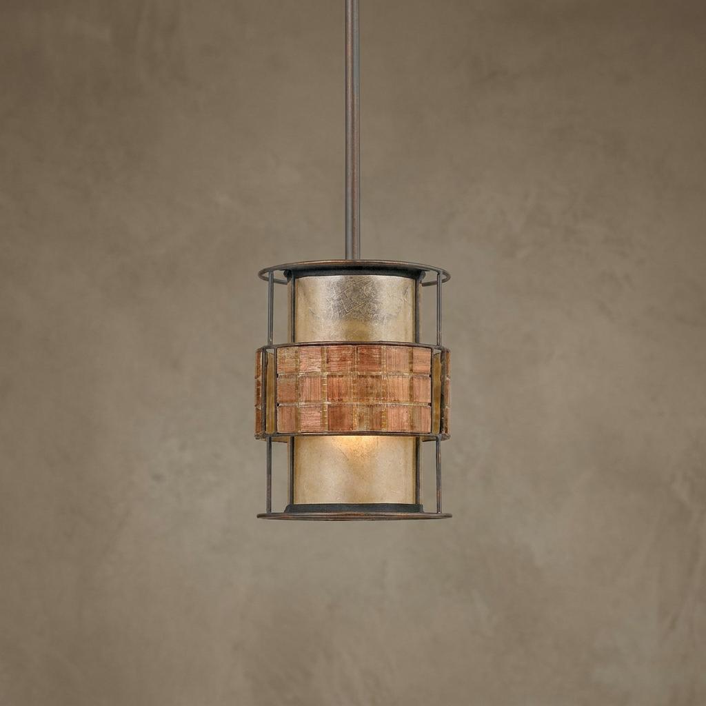 Quoizel mini pendant light with a woven copper band and silver-leaf glass shade against a textured neutral wall.