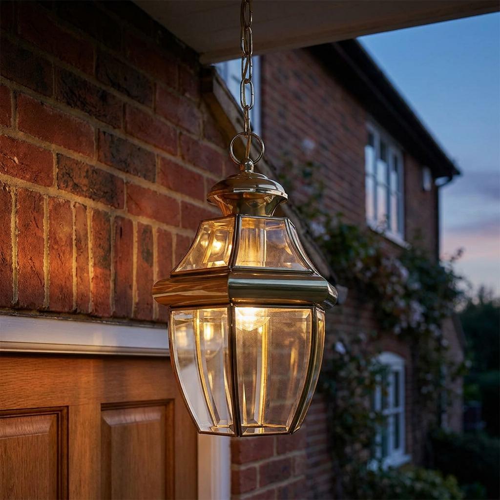 Lit polished brass chain lantern with clear glass panels hanging outside a brick house at twilight.