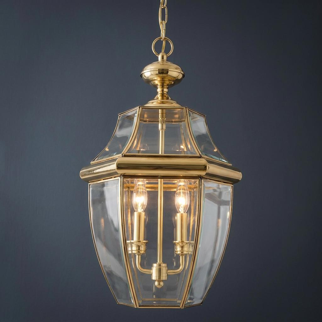 Polished brass hanging lantern with clear glass panels and two lit candle bulbs against a dark background.