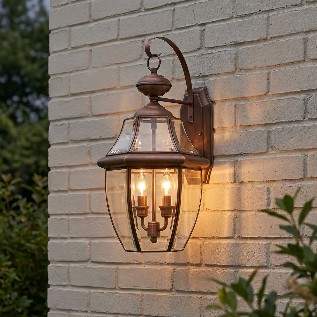 Traditional aged copper outdoor lantern with clear glass panels, illuminated on a light brick wall.