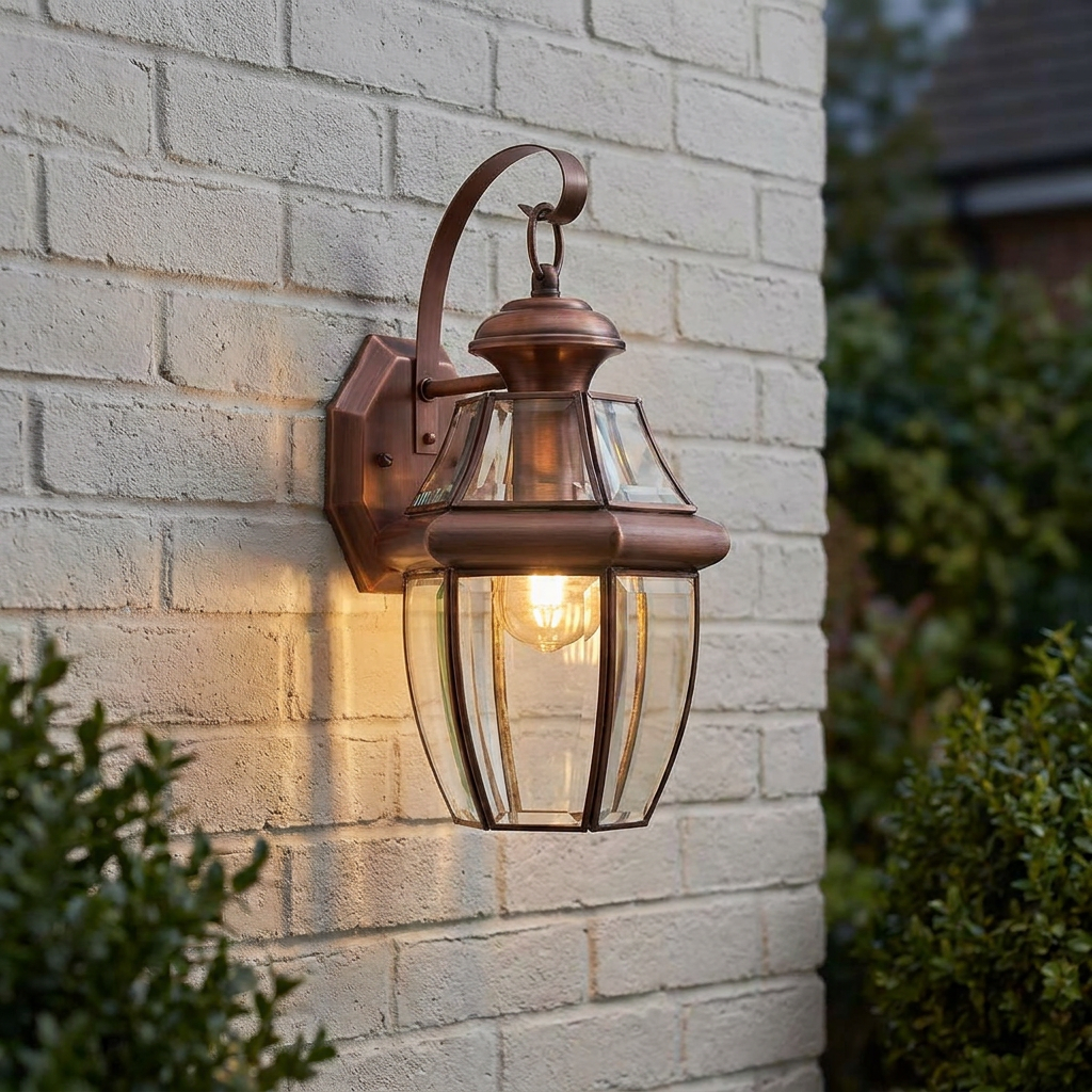 Traditional aged copper lantern wall light with clear beveled glass panels glowing on a white brick exterior wall.