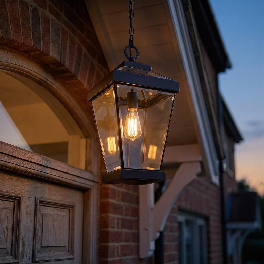 Bronze outdoor pendant lantern with clear glass and warm Edison bulb hanging from a porch at twilight.