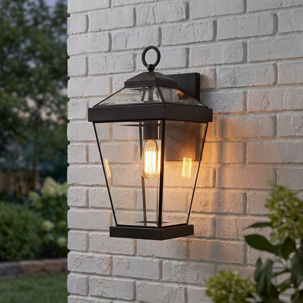 Western Bronze outdoor wall lantern with a glowing Edison bulb mounted on a white brick wall.