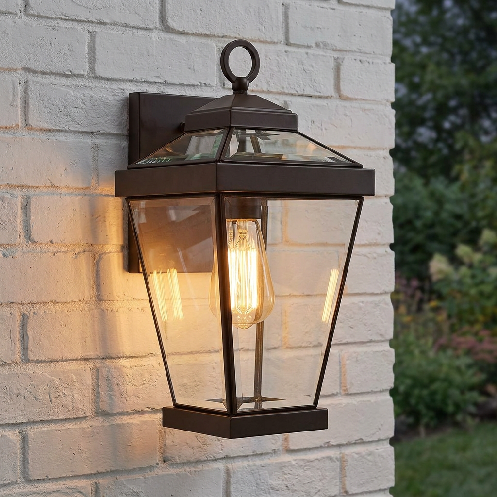 Quoizel Ravine medium bronze outdoor wall lantern with a lit Edison bulb mounted on a white brick wall.