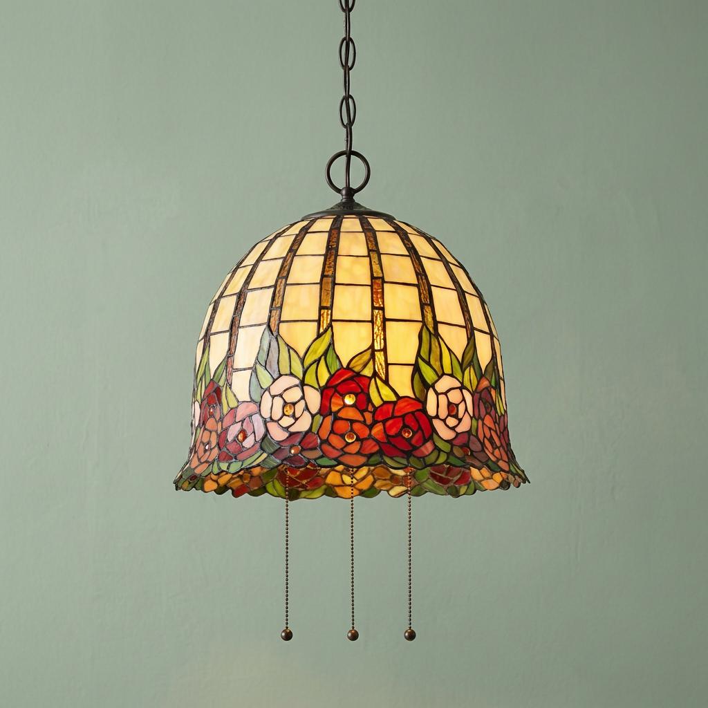 Quoizel Rosecliffe Tiffany pendant light with a floral stained glass dome shade hanging against a light green wall.