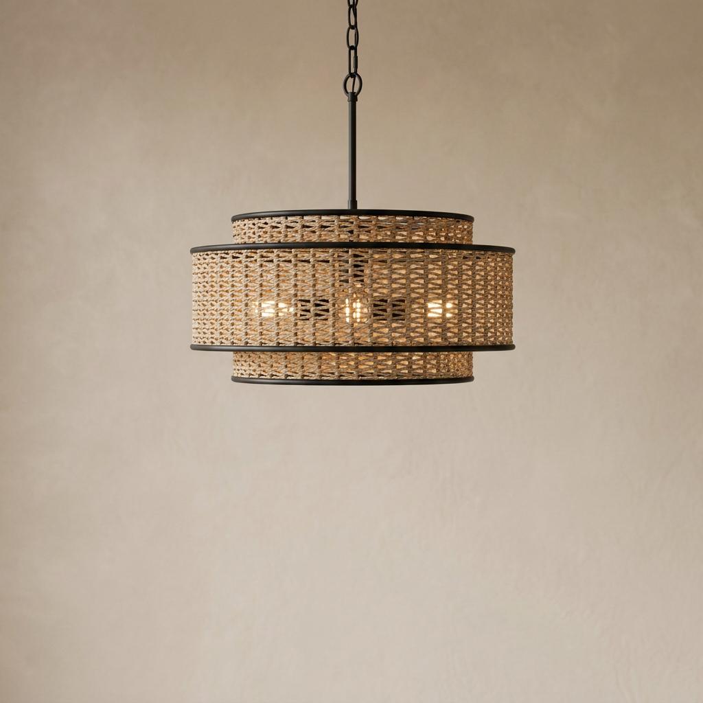 Three-tiered pendant light with woven seagrass shades and black metal trim, hanging against a neutral wall.