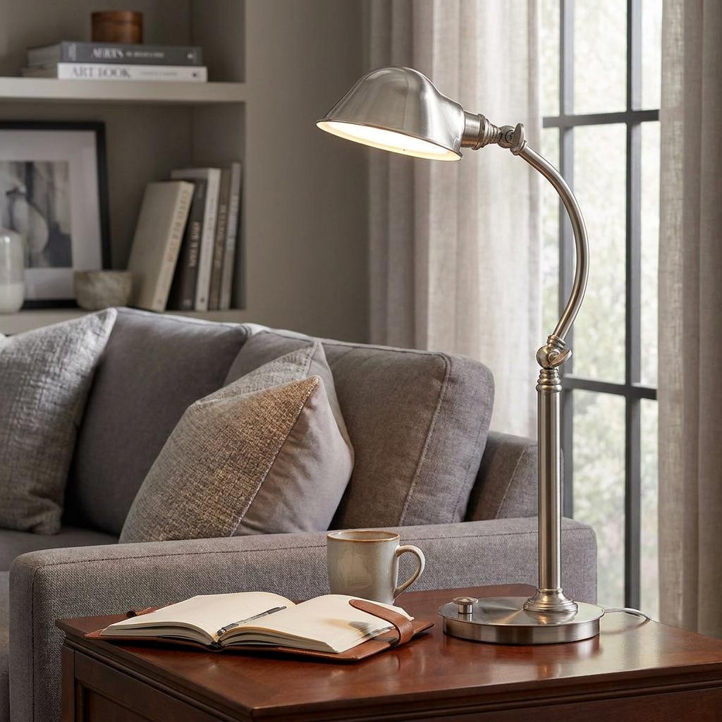 Brushed nickel table lamp with curved arm and dome shade casting warm light on a notebook in a cozy living room.