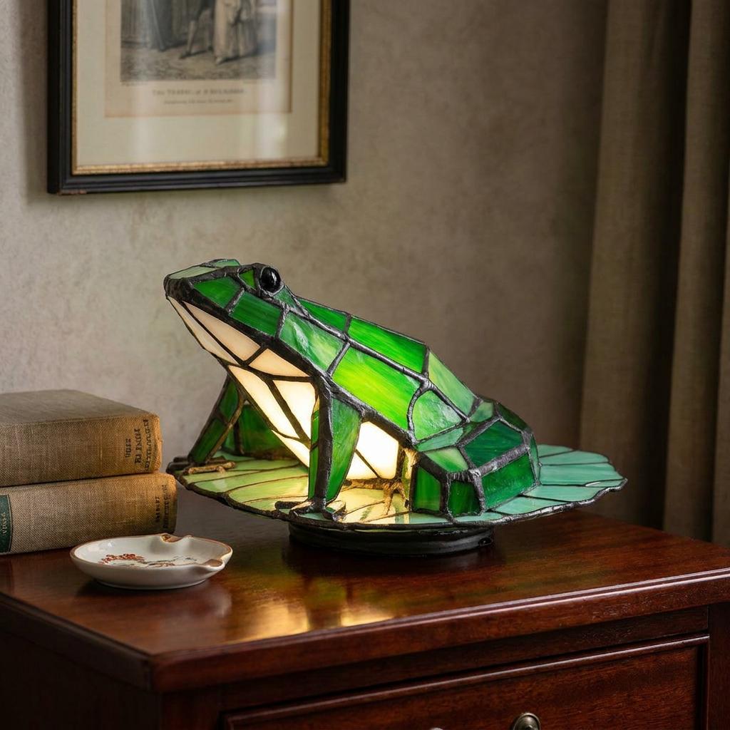 Illuminated green Tiffany frog lamp on a lily pad base, sitting on a dark wood table beside vintage books.