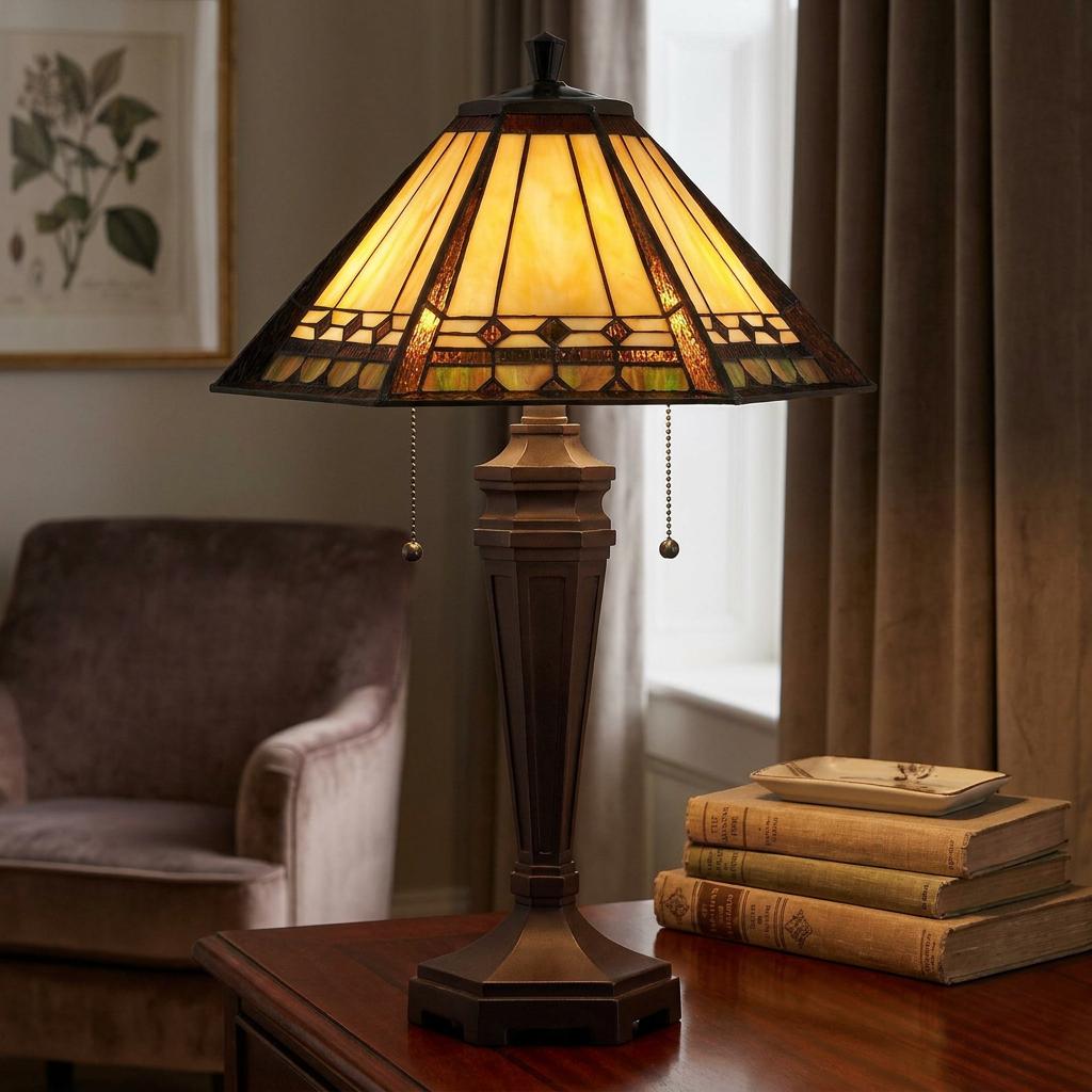 Stained glass Tiffany table lamp with an amber shade and bronze base lit on a wooden table next to books.
