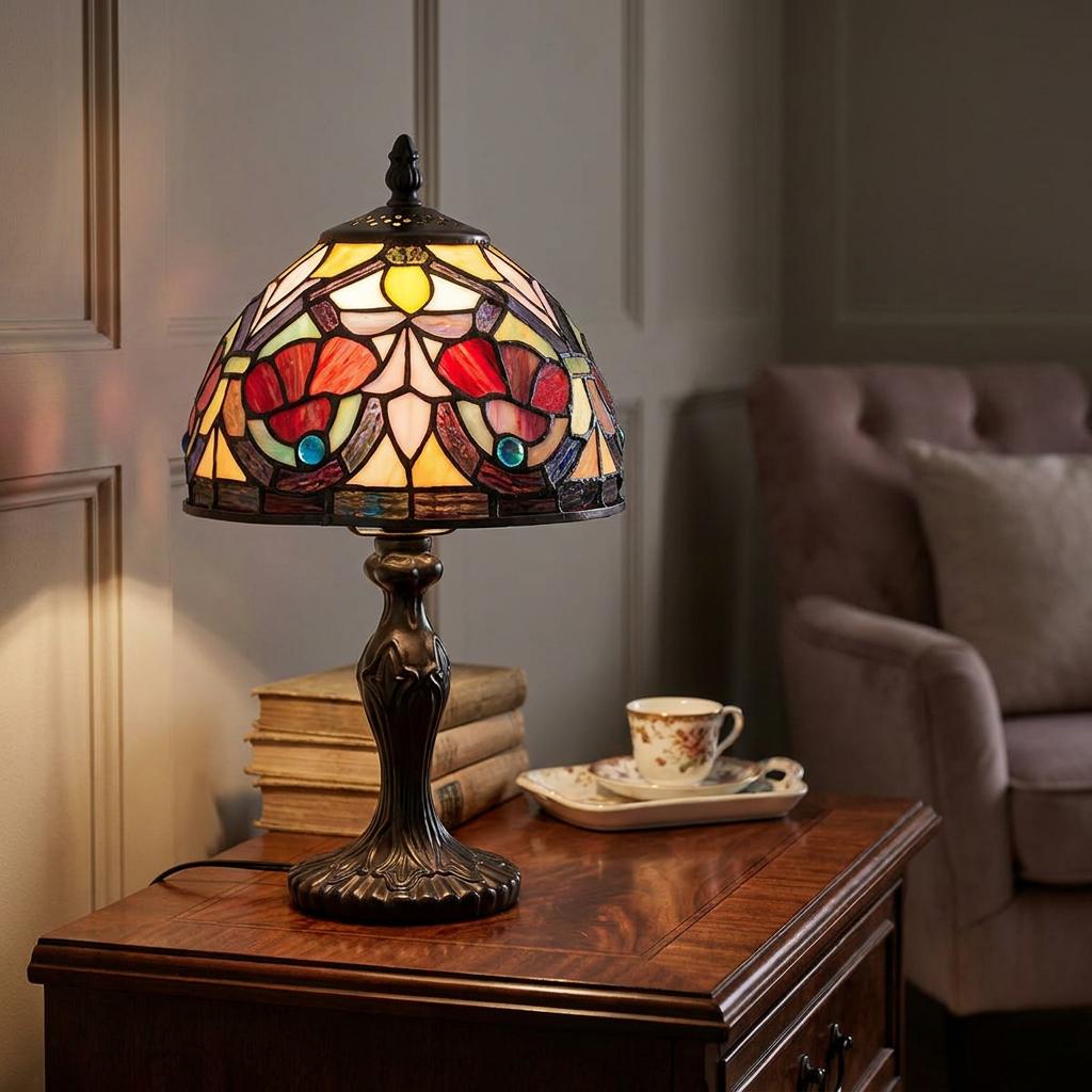 Quoizel Tiffany Larissa lamp with a stained glass floral shade on a wooden table beside books and a tea set.