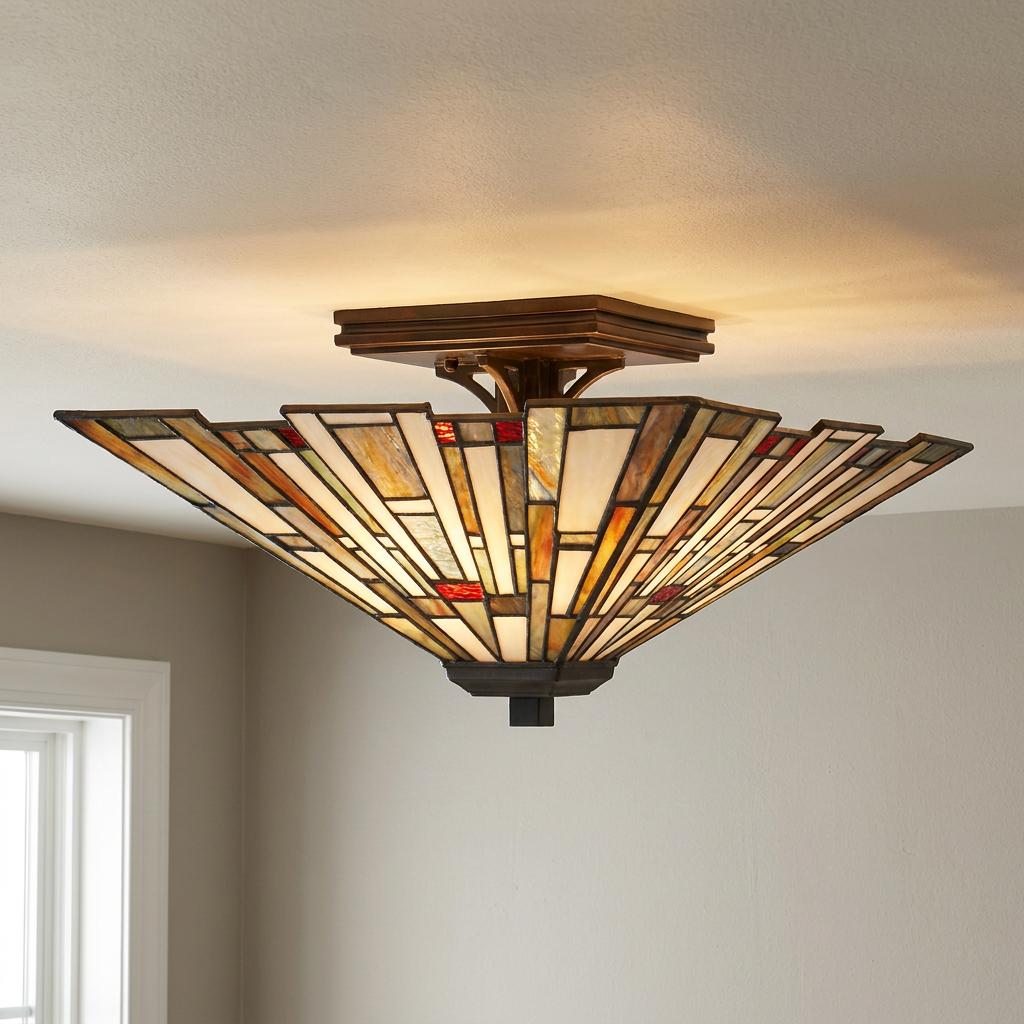 Tiffany Maybeck semi-flush mount ceiling light with geometric stained glass in bronze finish on a white ceiling.