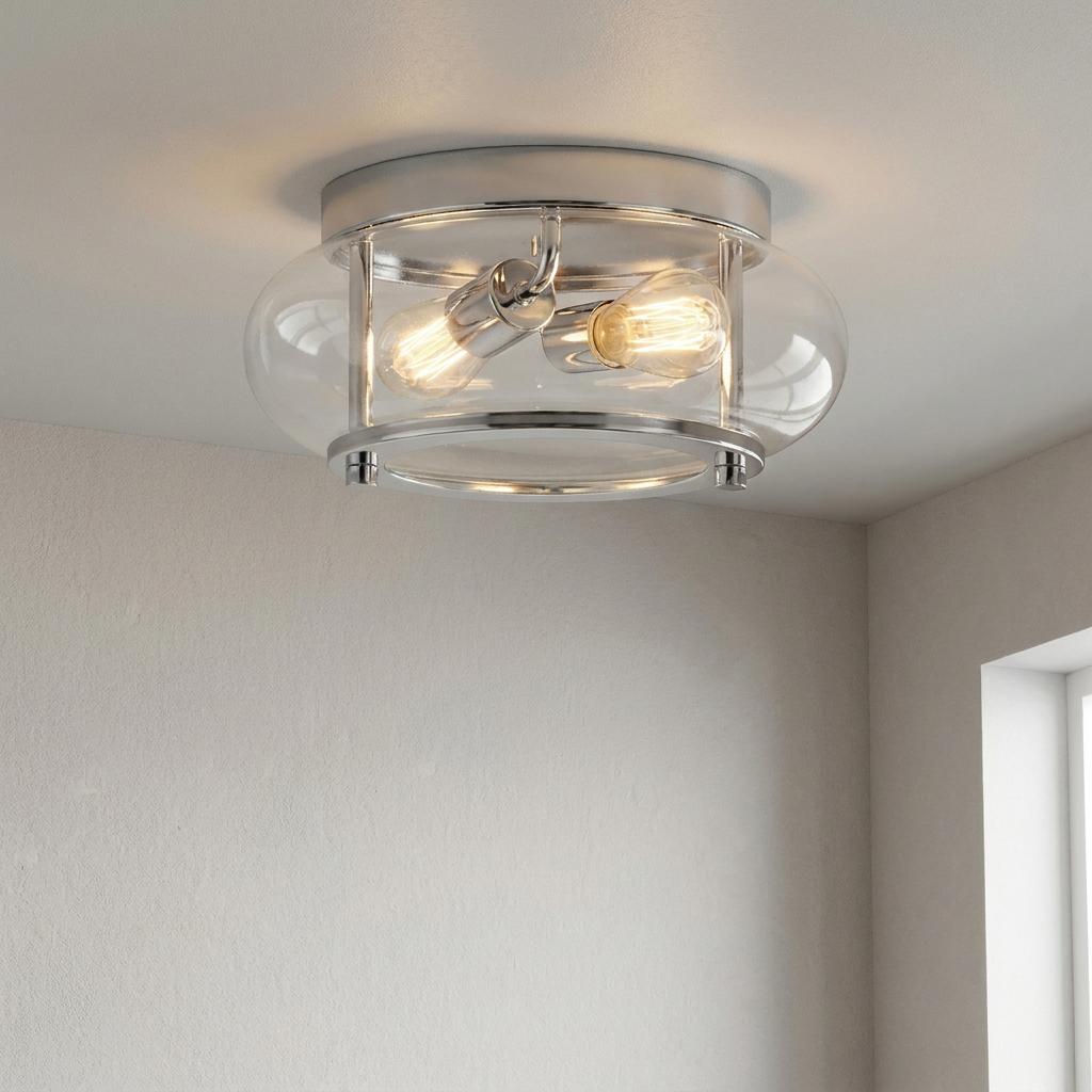 Quoizel Trilogy chrome flush mount light with clear glass shade and two glowing Edison bulbs on a white ceiling.