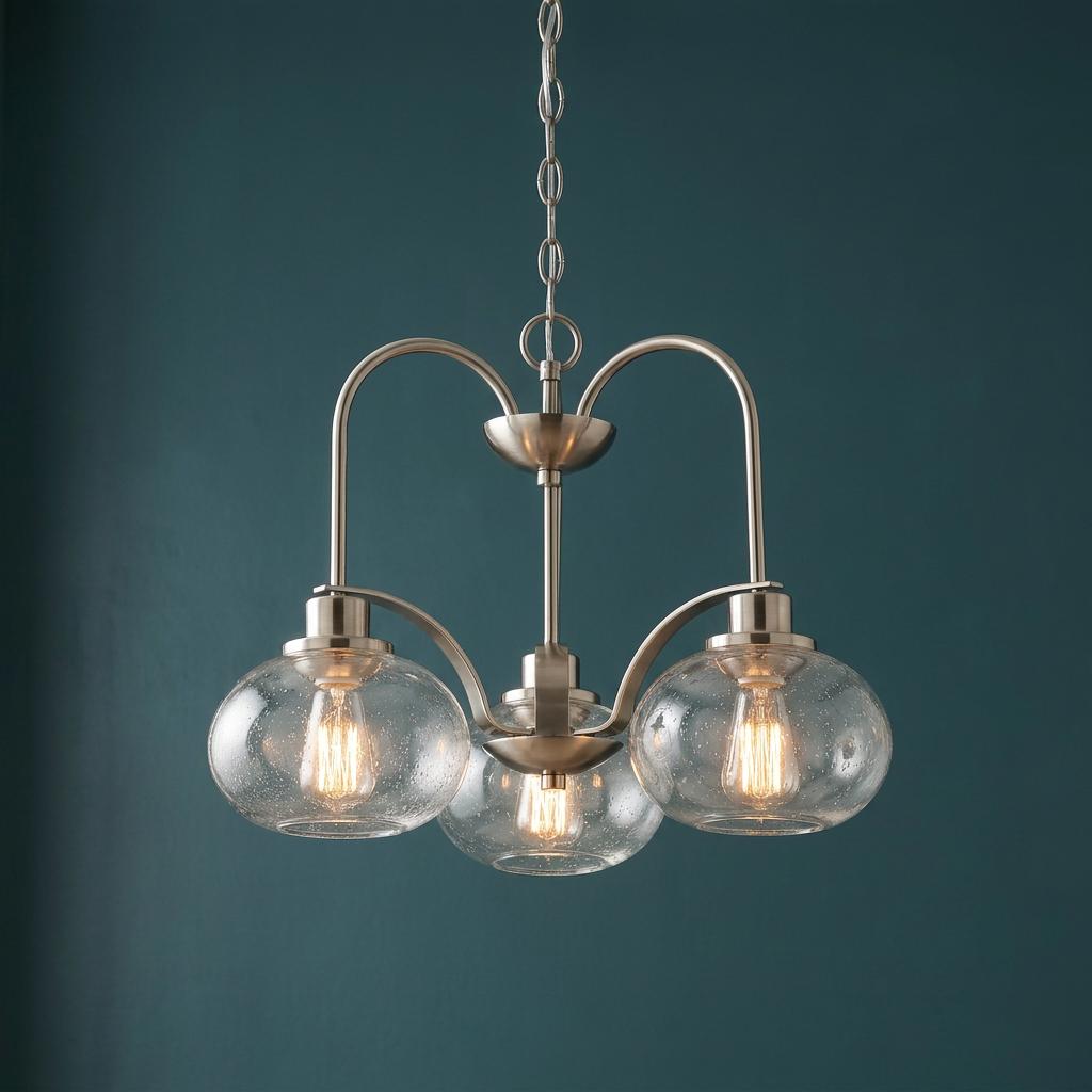 Brushed nickel 3-light chandelier with clear seeded glass globes against a dark teal wall.