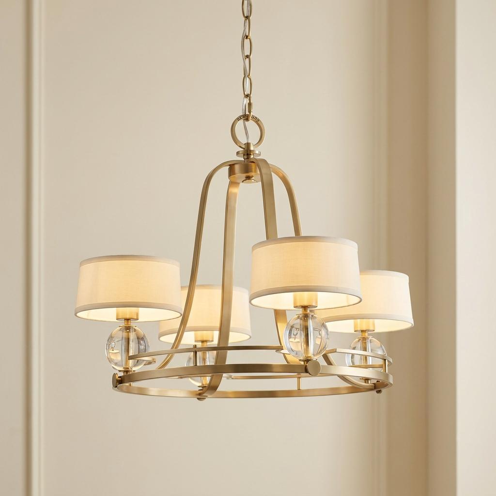 Modern brass chandelier with four cream drum shades and clear glass orb accents against a neutral wall.