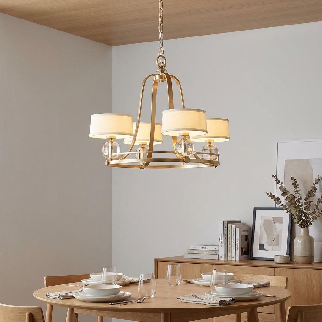 Quoizel 4-light brass chandelier with cream drum shades and crystal accents hanging above a modern dining table.
