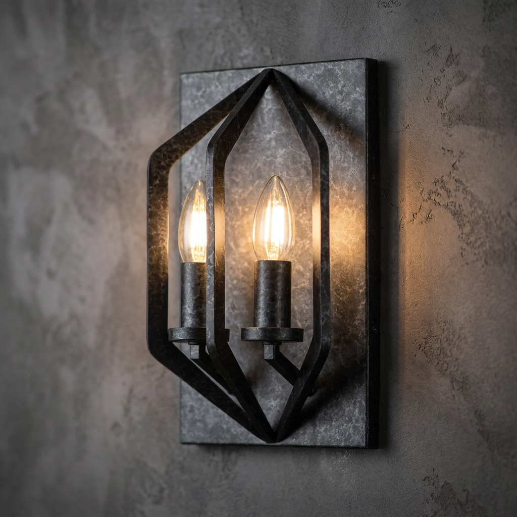 Industrial black metal wall sconce with a geometric cage and two lit candle bulbs on a textured grey wall.