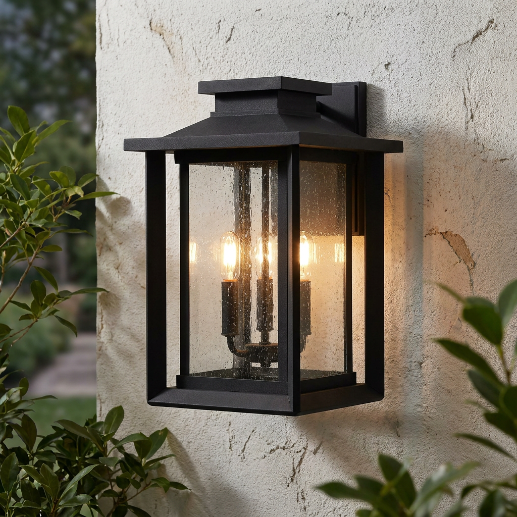 Quoizel Wakefield 3-light large black outdoor wall lantern with seeded glass on a textured exterior wall.