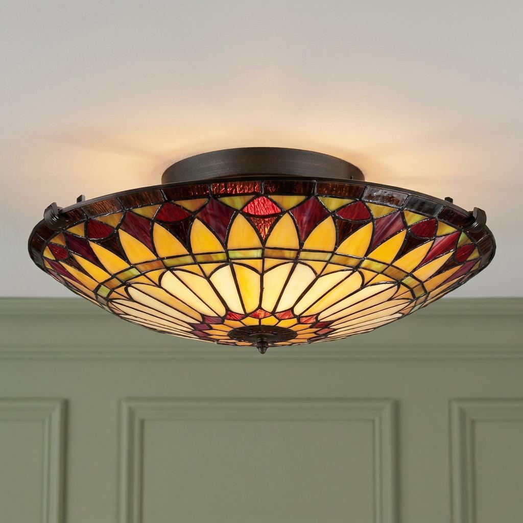 Tiffany-style flush mount ceiling light with yellow and red geometric stained glass shade.