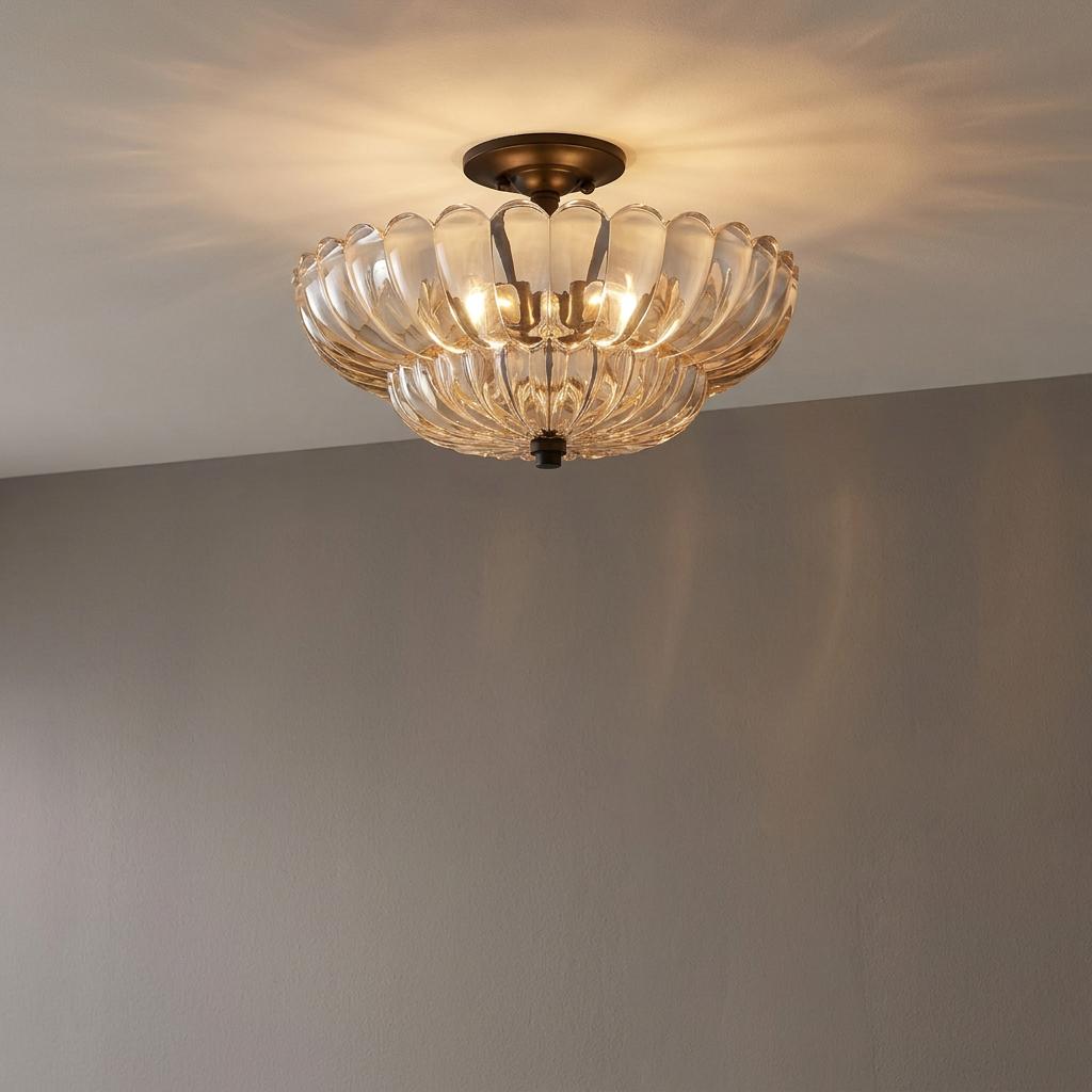 Quoizel Whitecap semi-flush ceiling light with tiered scalloped glass segments and a dark bronze finish.