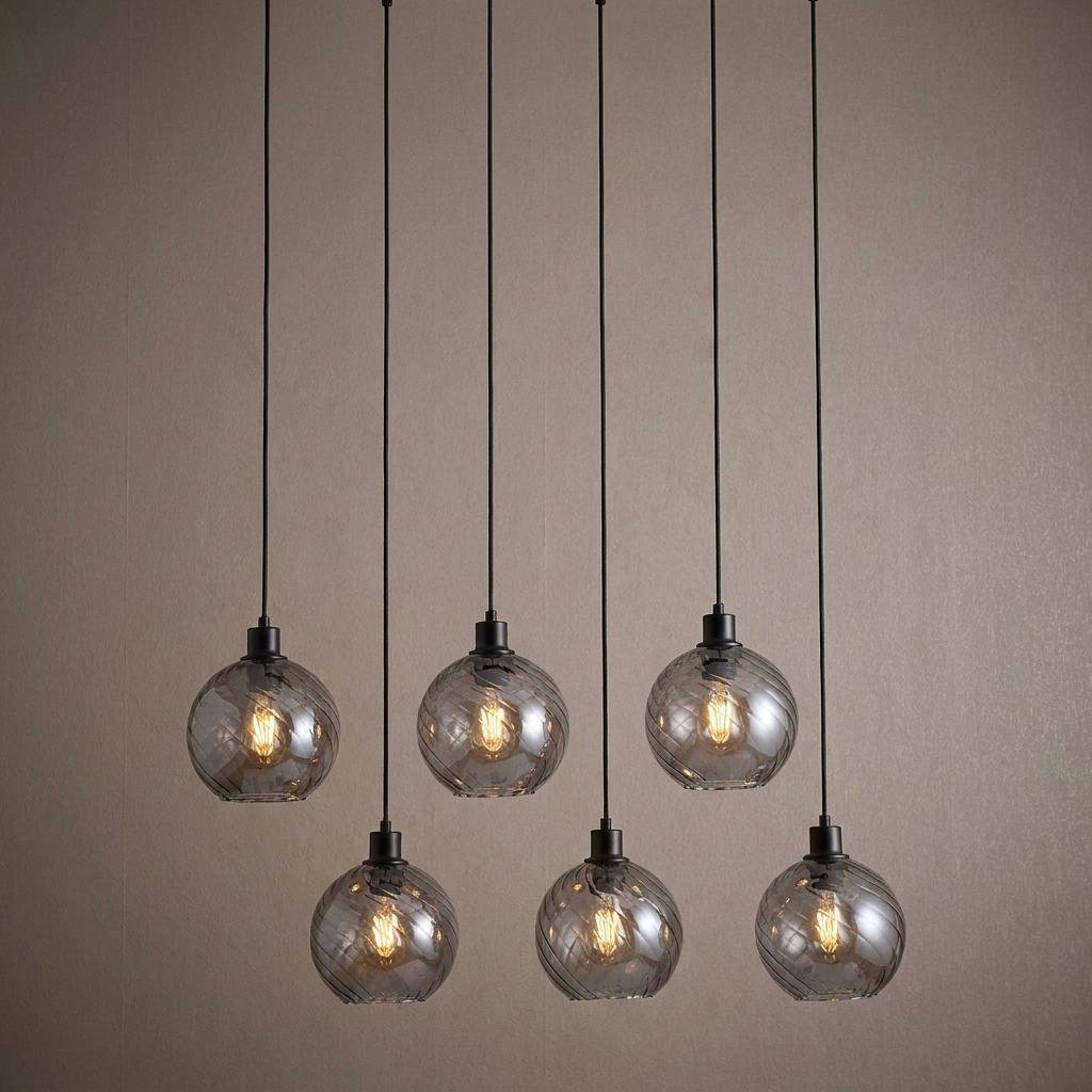 Radiance 6 Light Bar Pendant with black metal fittings and smoked glass globes against a neutral background.