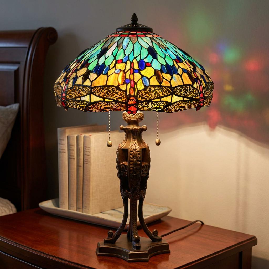Stained glass Rainbow Dragonfly Tiffany Lamp with an ornate bronze base sitting on a wooden bedside table.