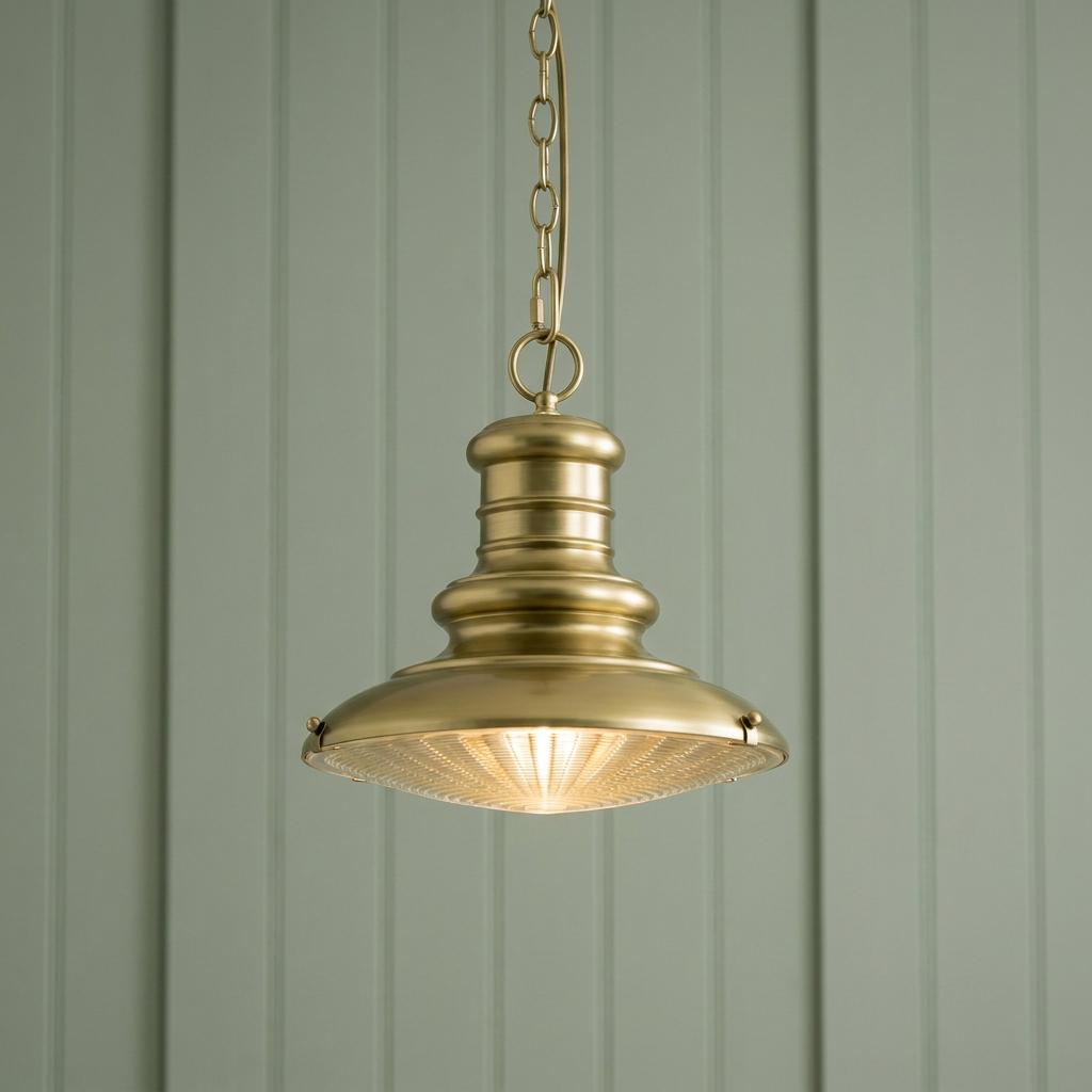 A lighted brass outdoor chain lantern with a textured glass lens hanging against a green wood-paneled wall.