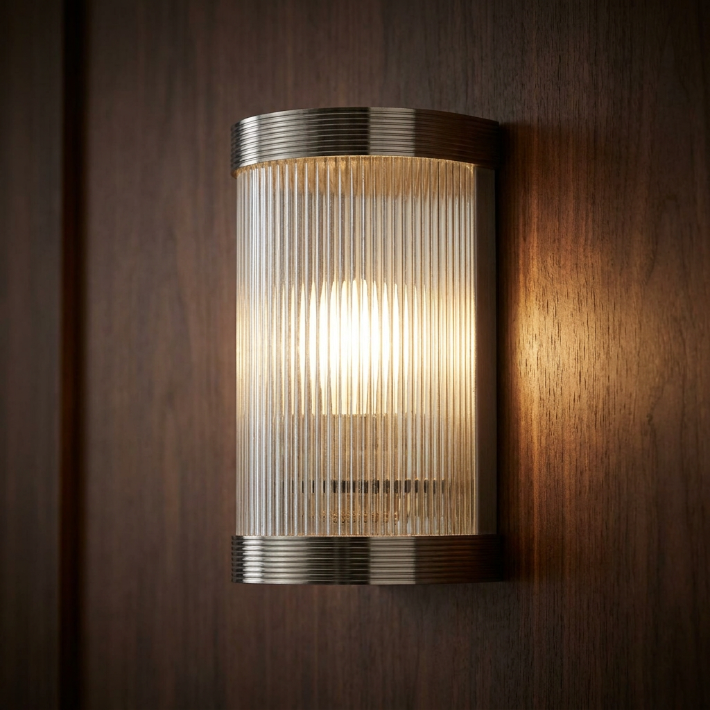 Lit reeded glass and chrome Art Deco wall light mounted on a dark wood panel.