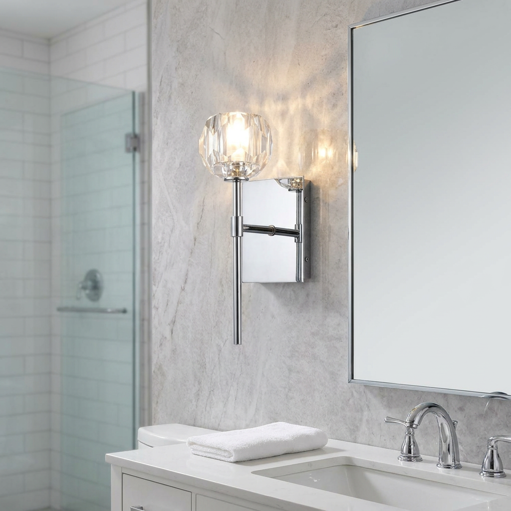 Regalia polished chrome bathroom wall light with a faceted crystal shade mounted on a marble wall.