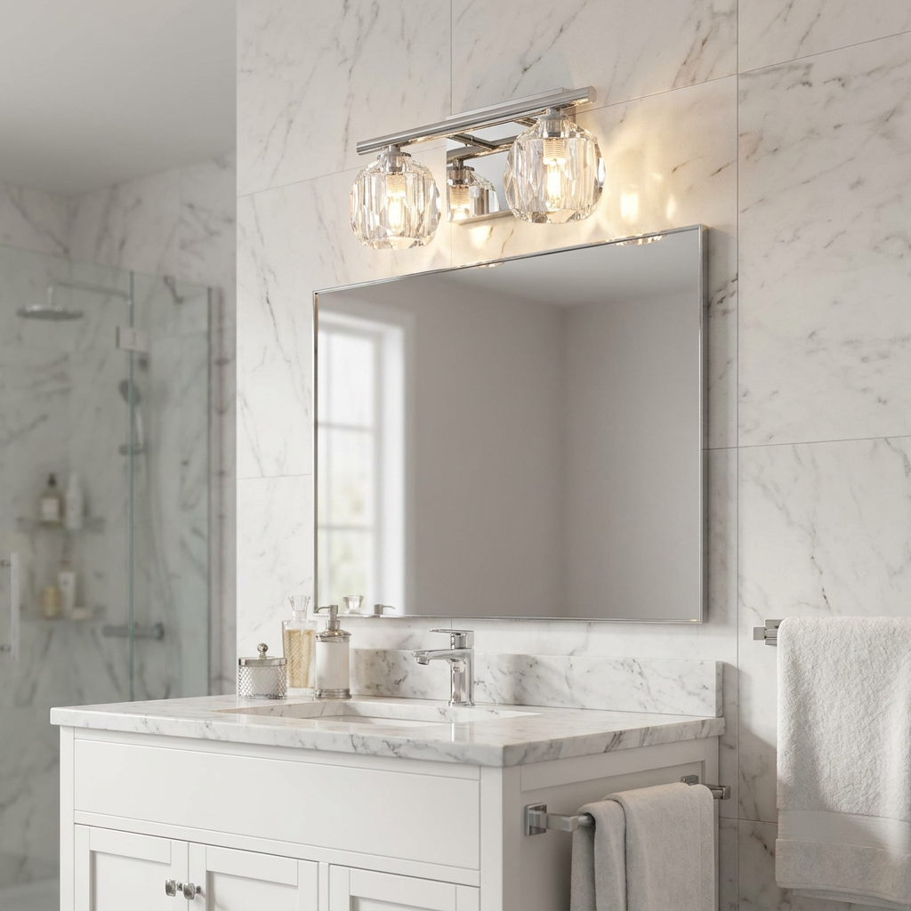Polished chrome bathroom wall light with two crystal shades mounted above a mirror over a marble vanity.