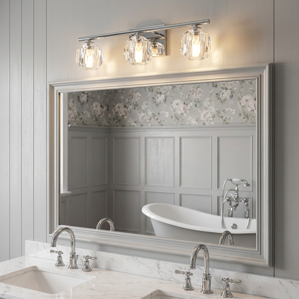 Regalia 3-light polished chrome wall light with crystal shades mounted above a bathroom mirror in an elegant setting.