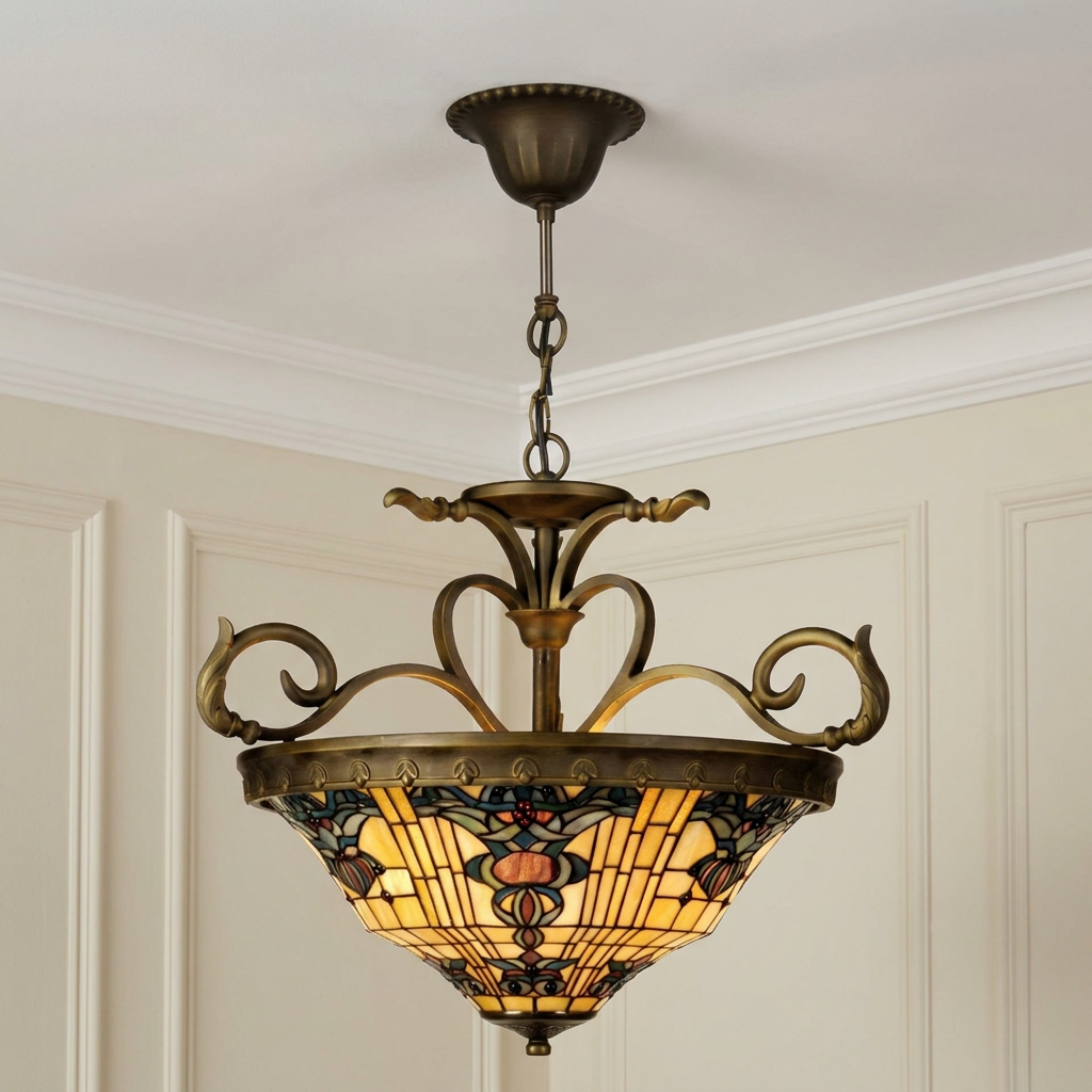 Regency Inverted Tiffany Ceiling Light with ornate bronze scrolls and a stained glass bowl on a white ceiling.